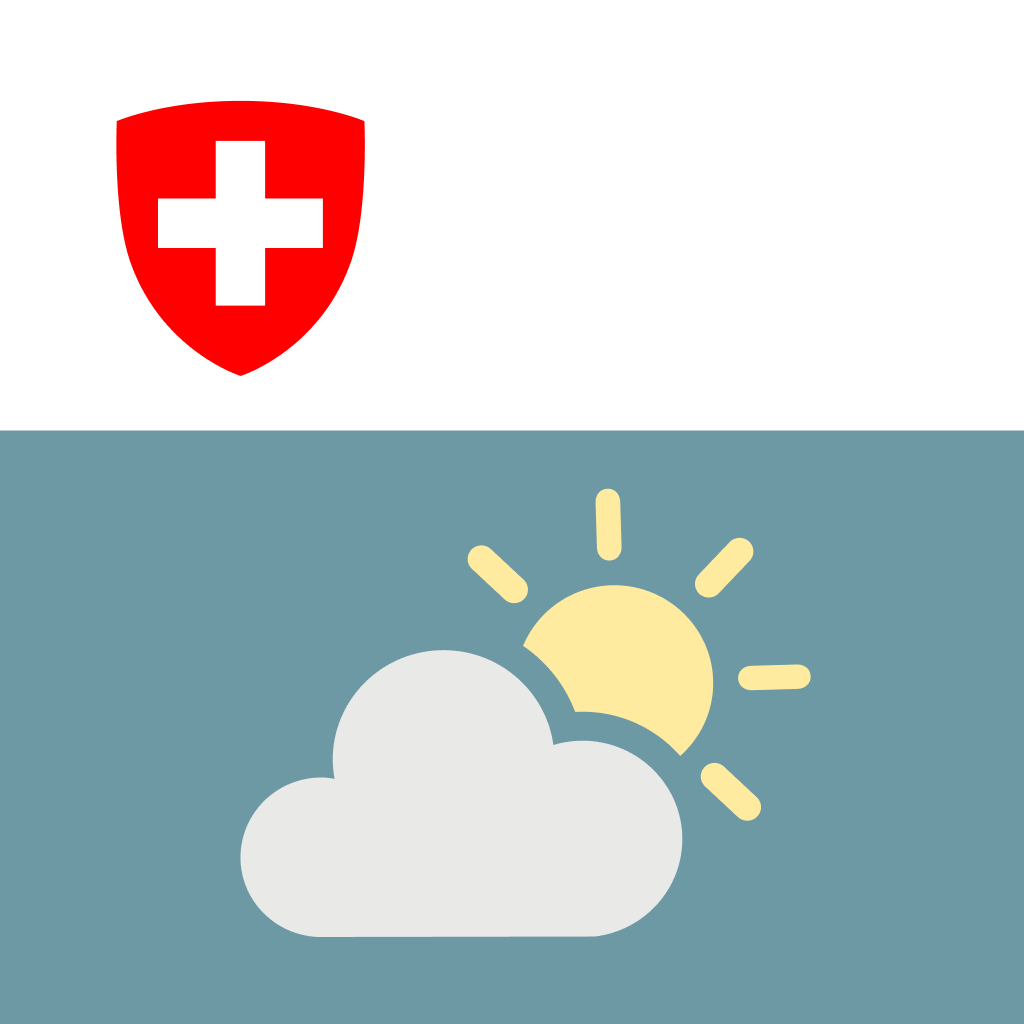 App icon of MeteoSwiss V2 – swiss cross on a white background, below a light blue background with a sun and cloud on it