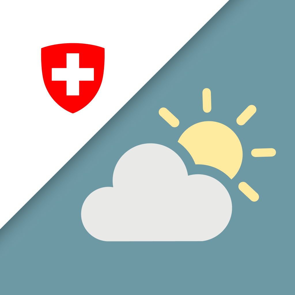 App icon of MeteoSwiss V2 – swiss cross on a white background, below a light blue background with a sun and cloud on it