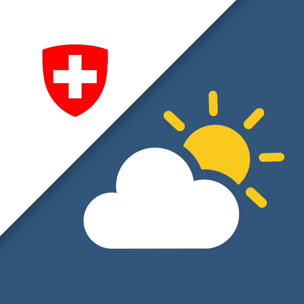 App icon of MeteoSwiss V3 – swiss cross on a white background, below a dark blue background with a sun and cloud on it