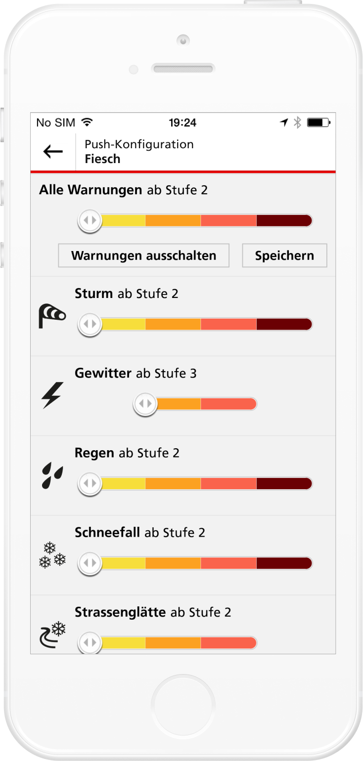 Screenshot of MeteoSwiss V2 in 2016. Settings screen of the push warnings for severe weather for Fiesch