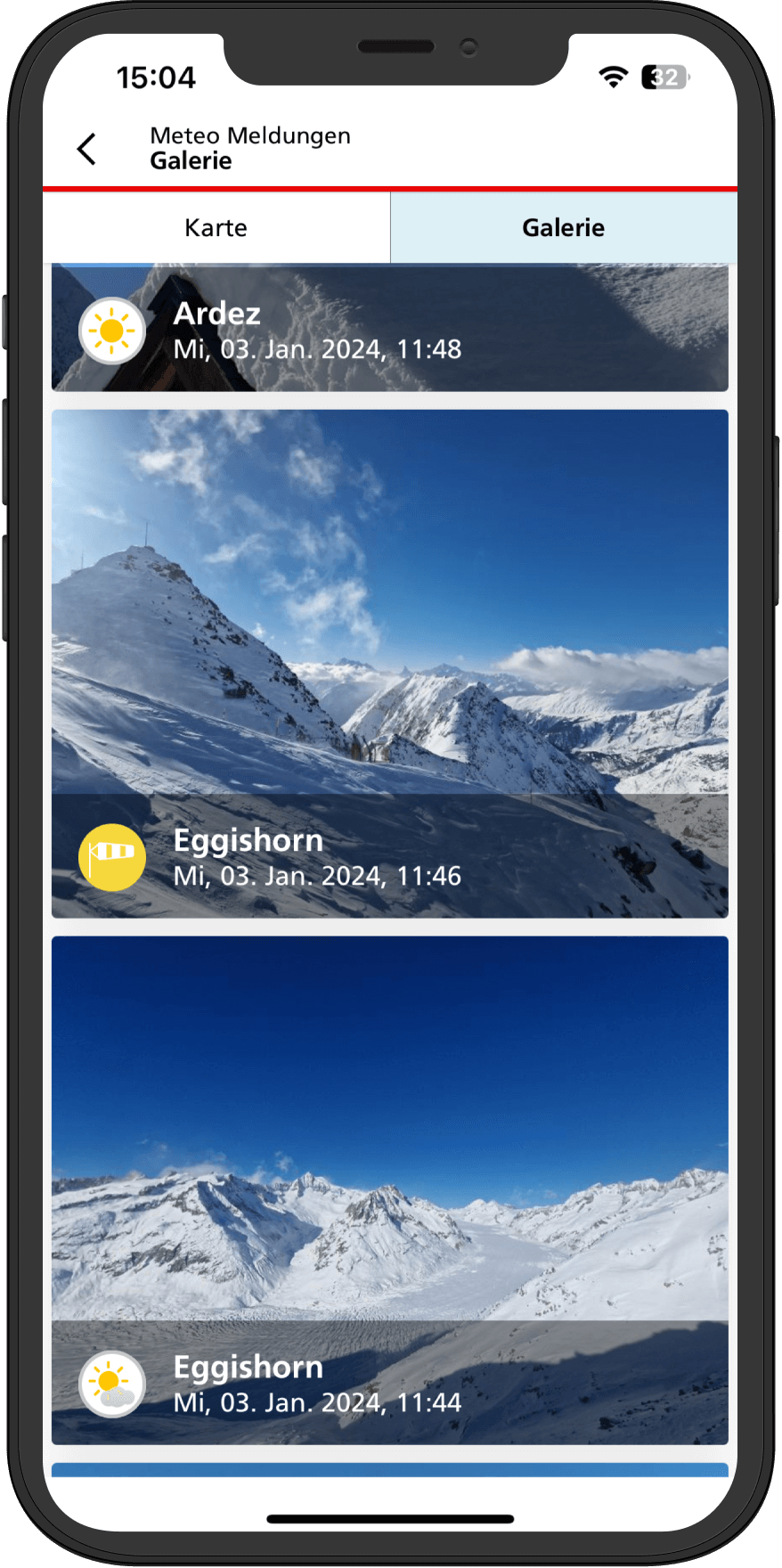 Screenshot of MeteoSwiss 2.0 in 2021. The screen shows a gallery of weather pictures taken by MeteoSwiss users